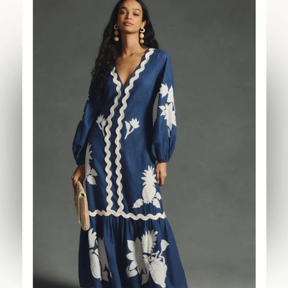 Farm Rio Embroidered Long-Sleeve Dress Size small  Blue